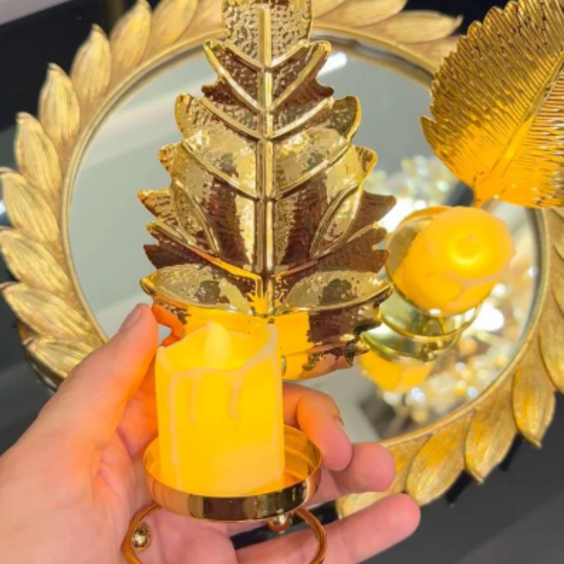 Metal Golden Leaf Decor Candle Holder with With Free LED Candle