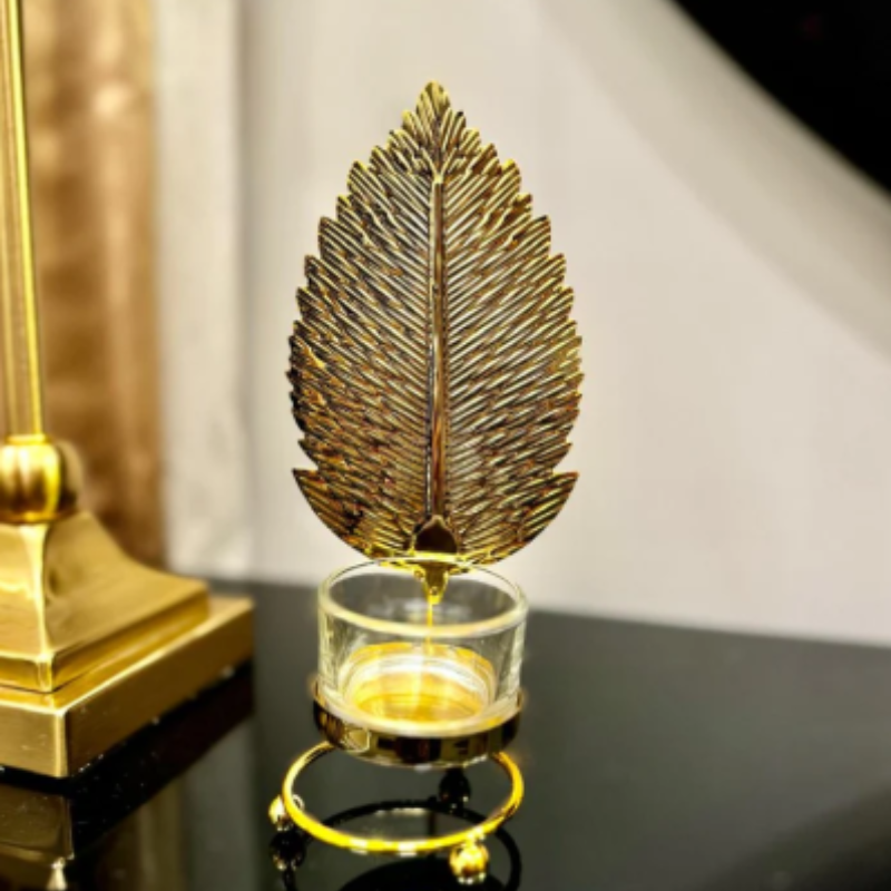 Metal Golden Leaf Decor Candle Holder with LED Candle