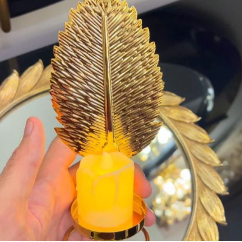 Metal Golden Leaf Decor Candle Holder with LED Candle