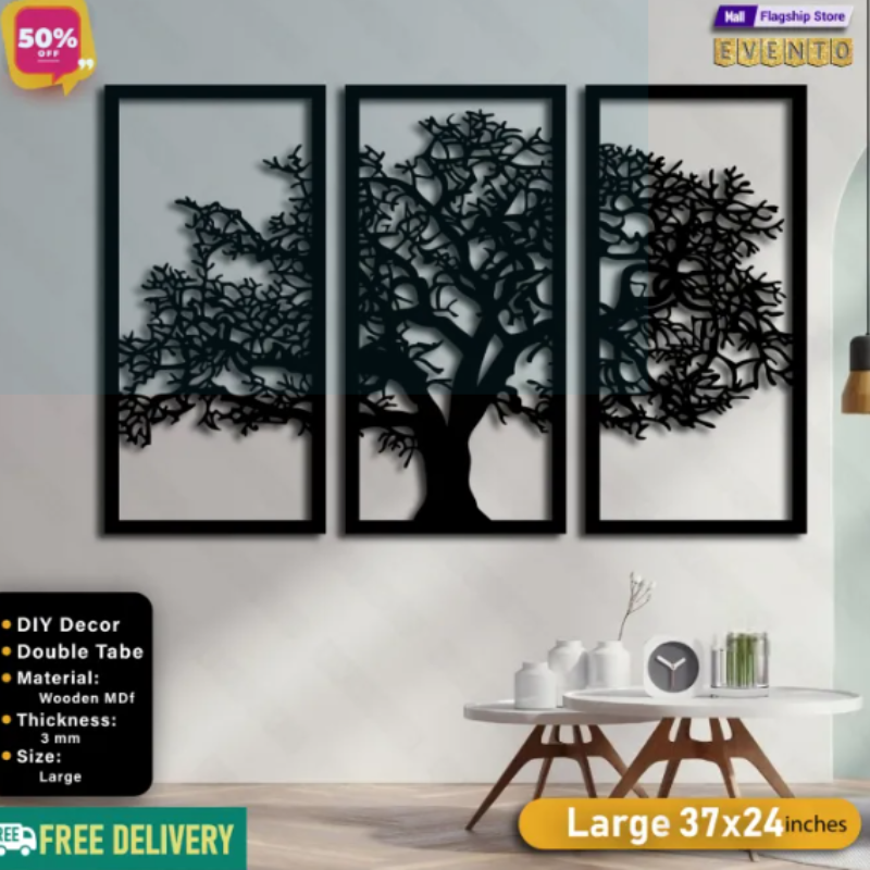 EVENTO Wooden Wall Hanging Decore Panel 3 Frame Tree Scenery 3D DIY Laser Cut Cnc Wall Art Design Decoration For Home Decor Living Room And Offices And For Gifts Item