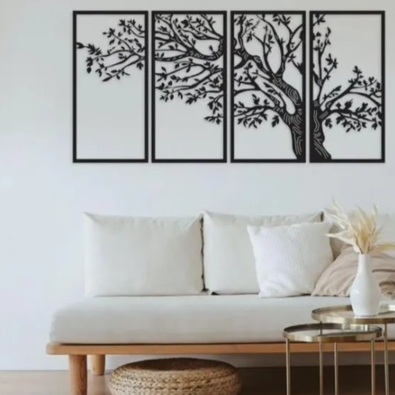 Star Set of 4 Tree Wooden Wall Art for Home Decoration Rustic Wooden Room Decor with Natural Finish and Easy Hanging